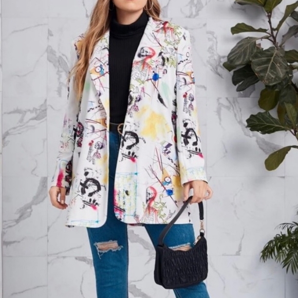 SHEIN Jackets & Blazers - Graffiti print white blazer 2x
